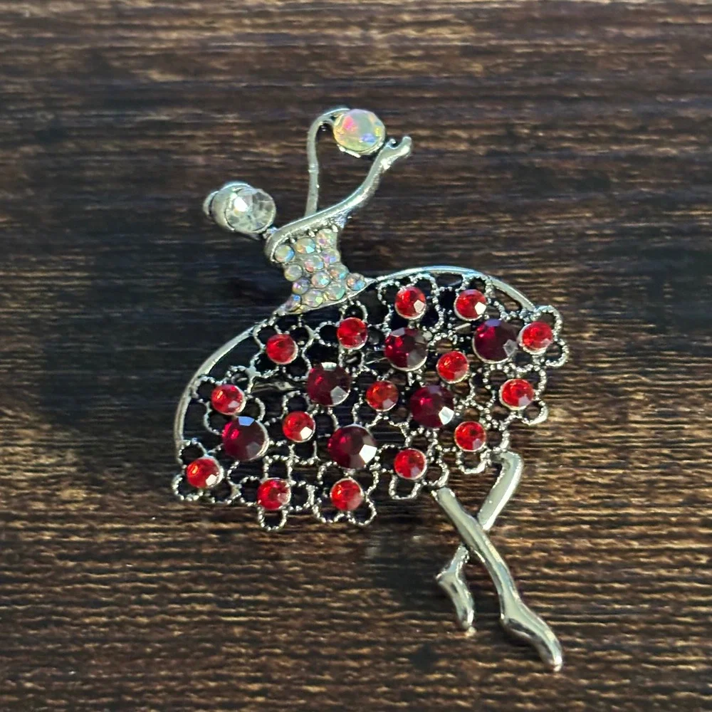 Silver Tone Red Rhinestone Ballerina Dancer Brooch Pin Aurora Borealis Accents